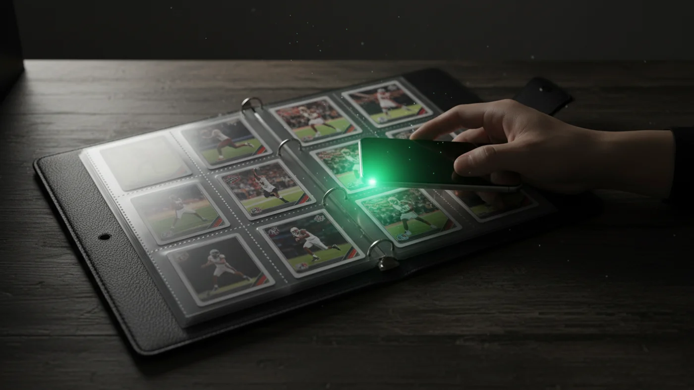 A collector's binder of cards being scanned with a phone