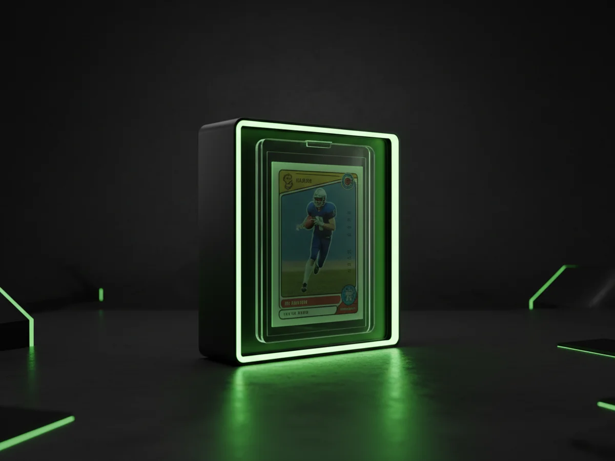 A trading card in a scanner light box